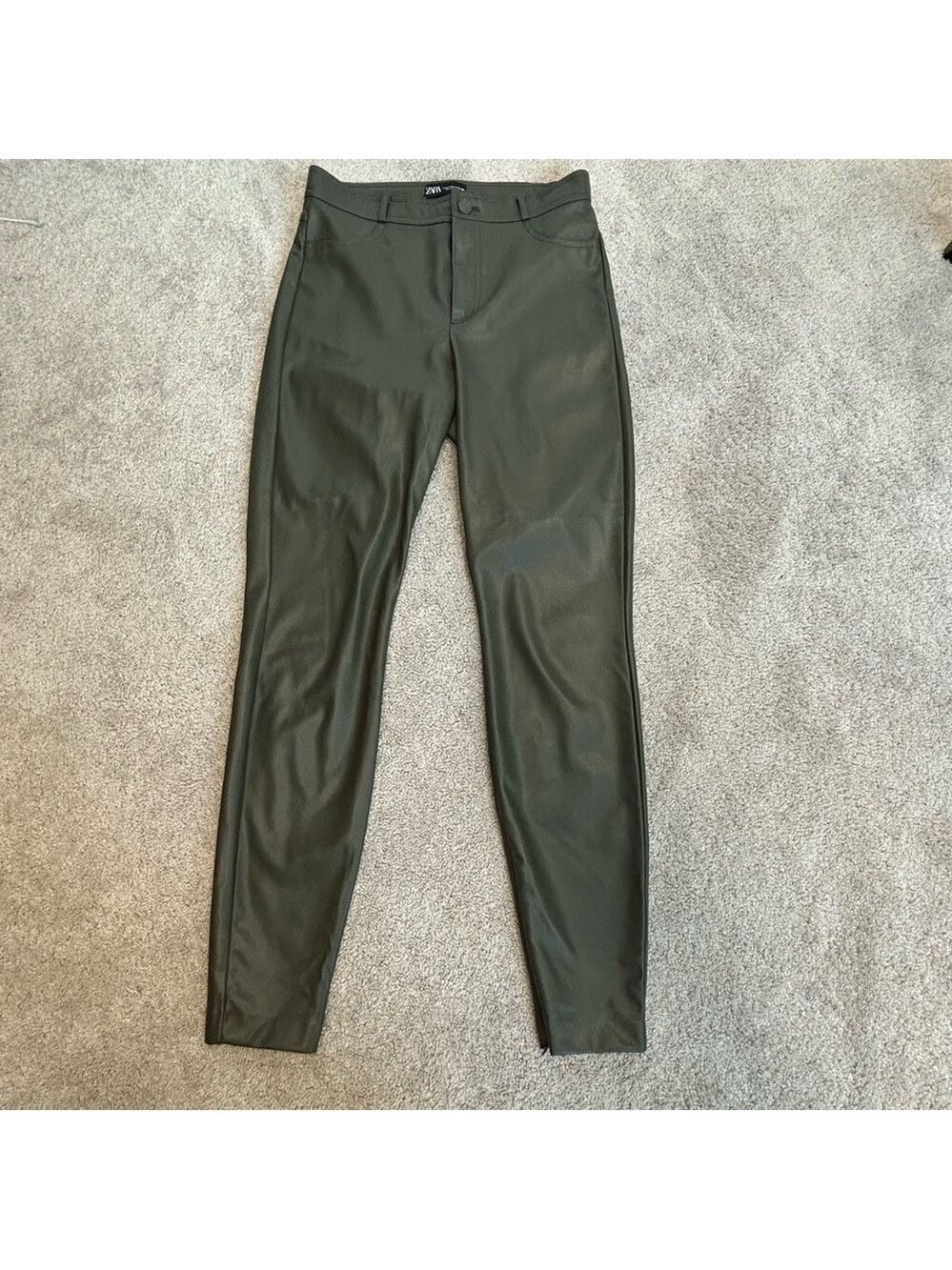 Zara dark olive green faux leather high-rise slim legging pants M zipper ankle